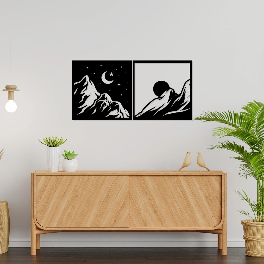 Artrooms Sun And Moon Metal Wall Art - Wall Decoration | Wall Hanging (12x24 inch) | Black Matte Finish