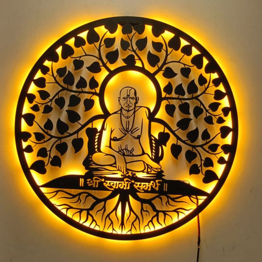 Artrooms Swami Samarth Metal Wall Art With Light | Wall Decoration | Wall Hanging (24x24 inch) | Black Matte Finish