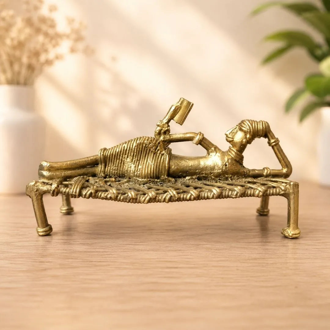 Dhokra Tribal Lady Reading Book Sleeping on Cot Decor