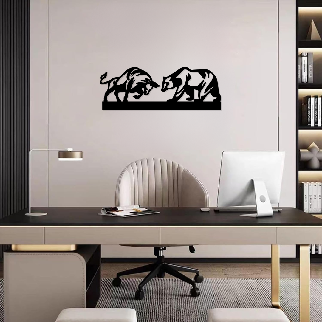 Artrooms Bull and Bear Metal Wall Art – 24x8 inch | Stock Market Wall Decor for Office & Trading Room