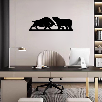 Artrooms Bull and Bear Metal Wall Art –  24x8 inch | Stock Market Wall Decor for Office & Trading Room
