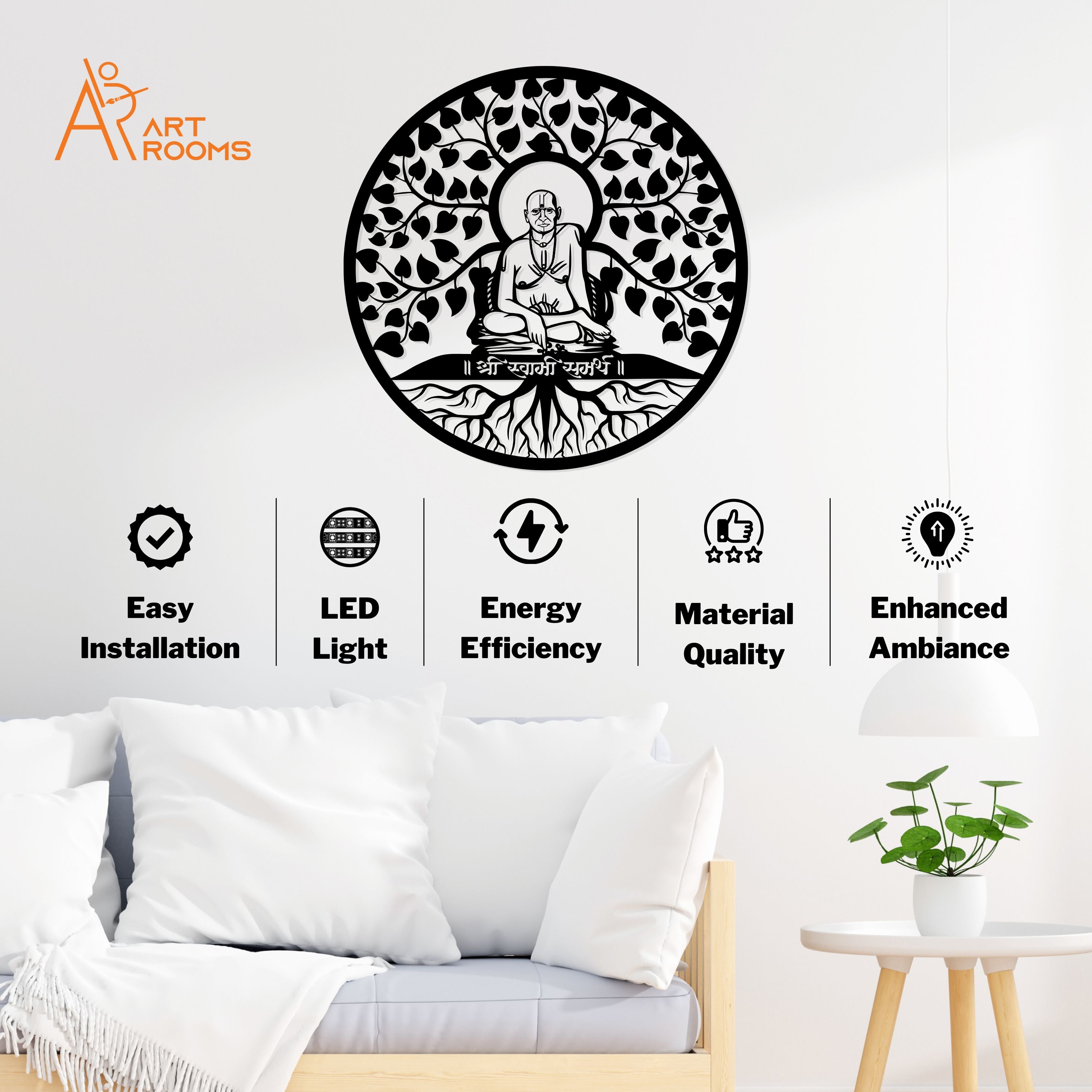 Swami Samarth metal wall art with LED light, showcasing easy installation and enhanced ambiance, ideal for home decor.