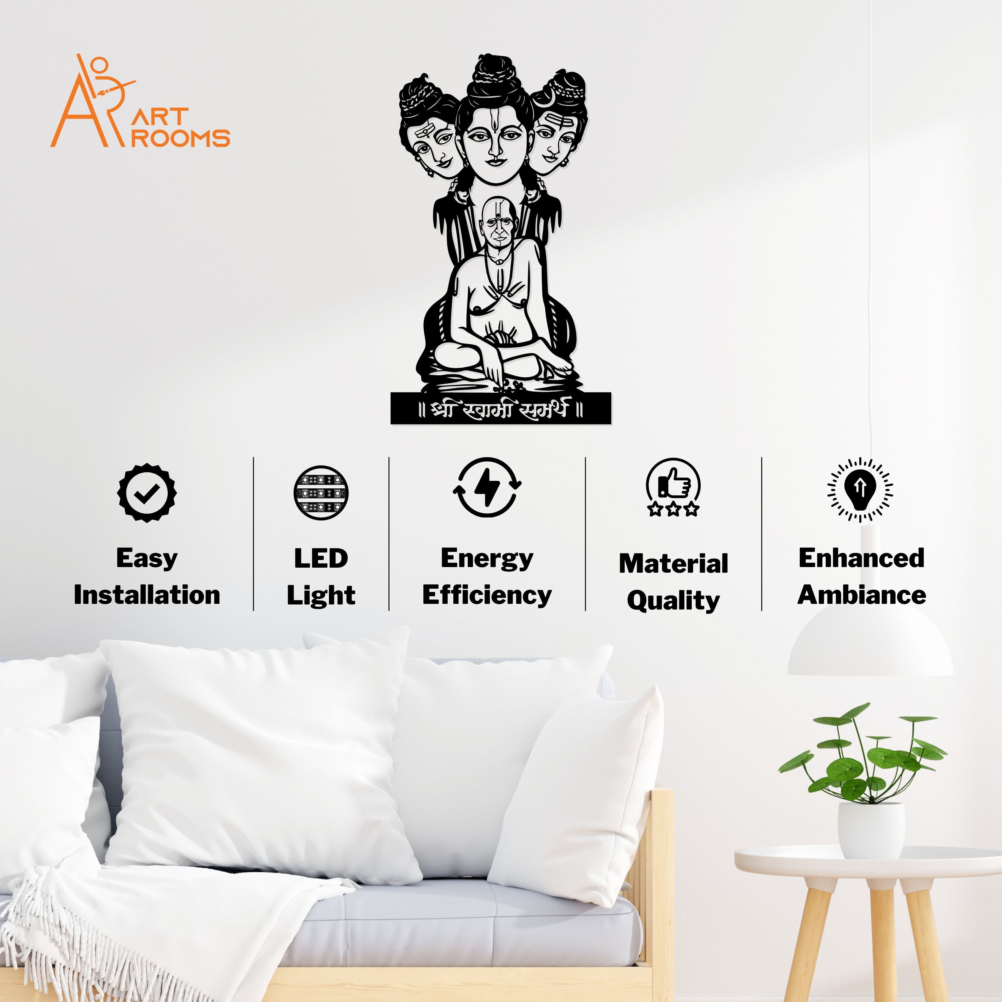 Swami Samarth metal wall art with LED light, easy installation, showcasing energy efficiency and enhanced ambiance.