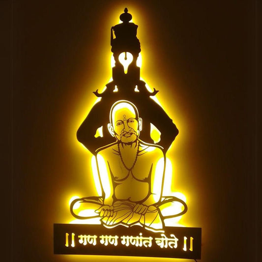 Artrooms Gajanan Maharaj Metal Wall Art With Light | Wall Decoration | Wall Hanging (15x25 inch) | Black Matte Finish