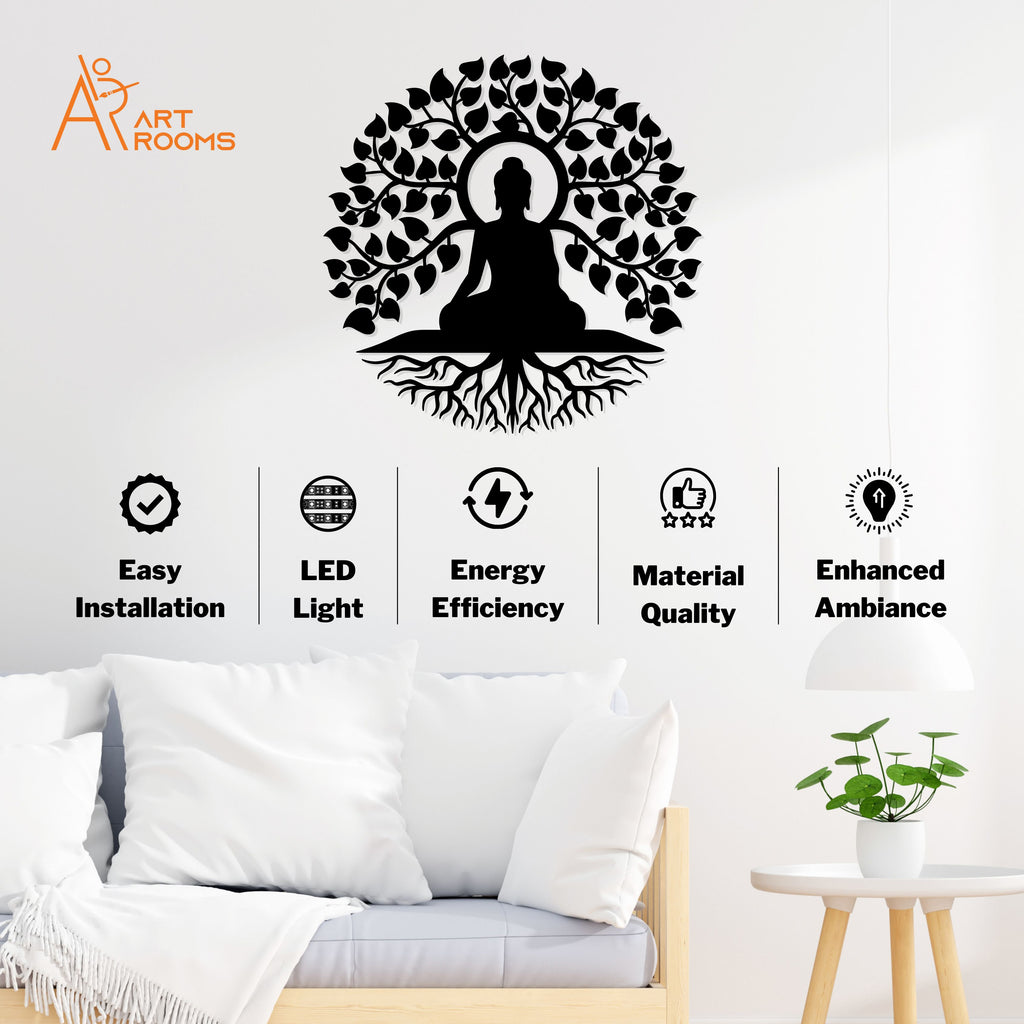 Buddha With Tree Metal Wall Art With Light – Easy Install LED Spiritual Home Décor