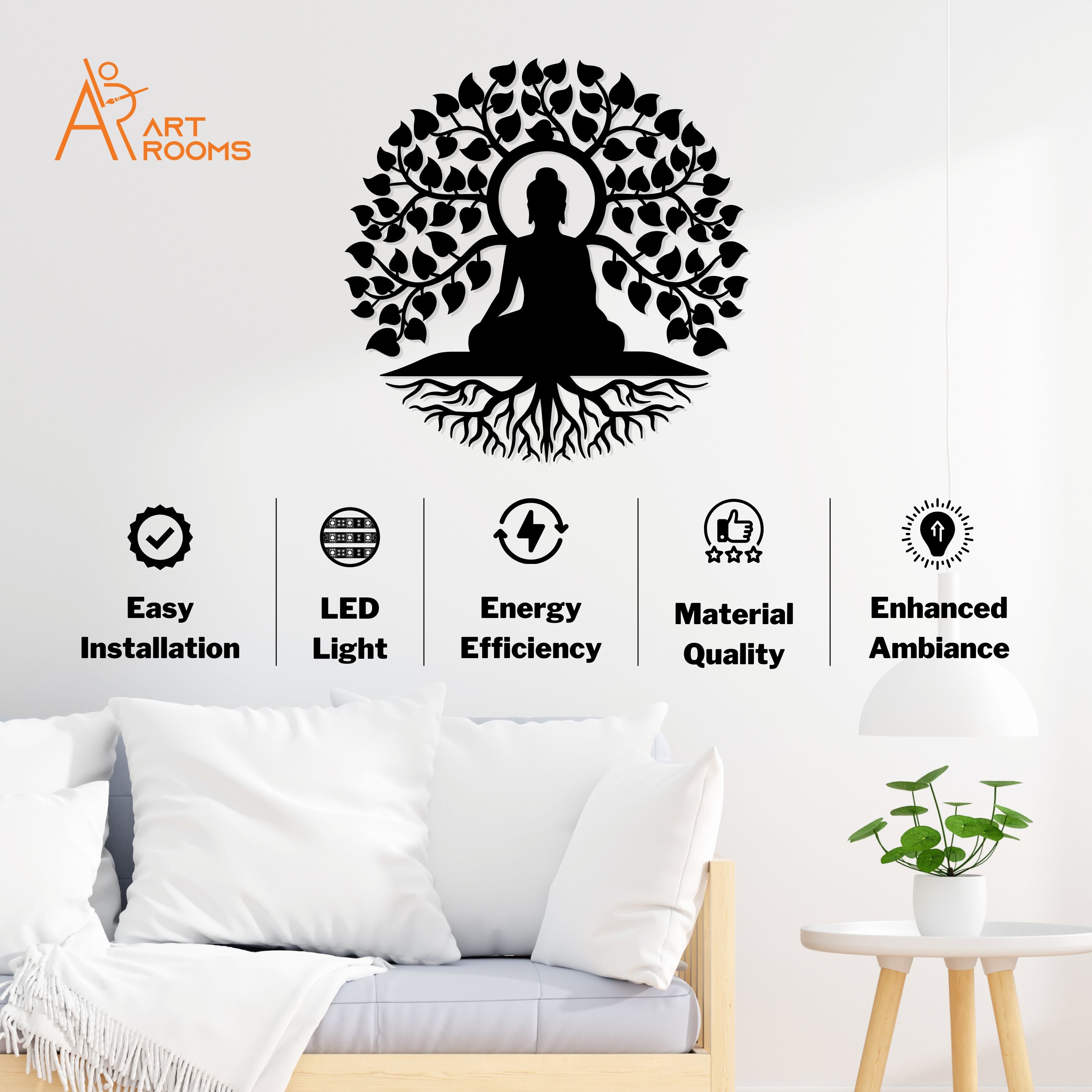 Buddha With Tree Metal Wall Art With Light – Easy Install LED Spiritual Home Décor