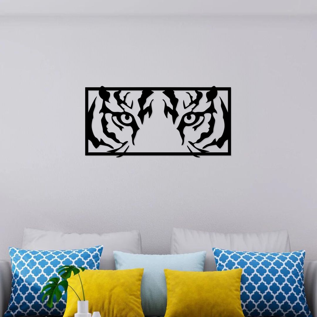 Artrooms Tiger Eyes Metal Wall Art – 24x12 inch | Wild Animal Face Wall Decor for Living Room, Bedroom, Office | Black Matte Finish