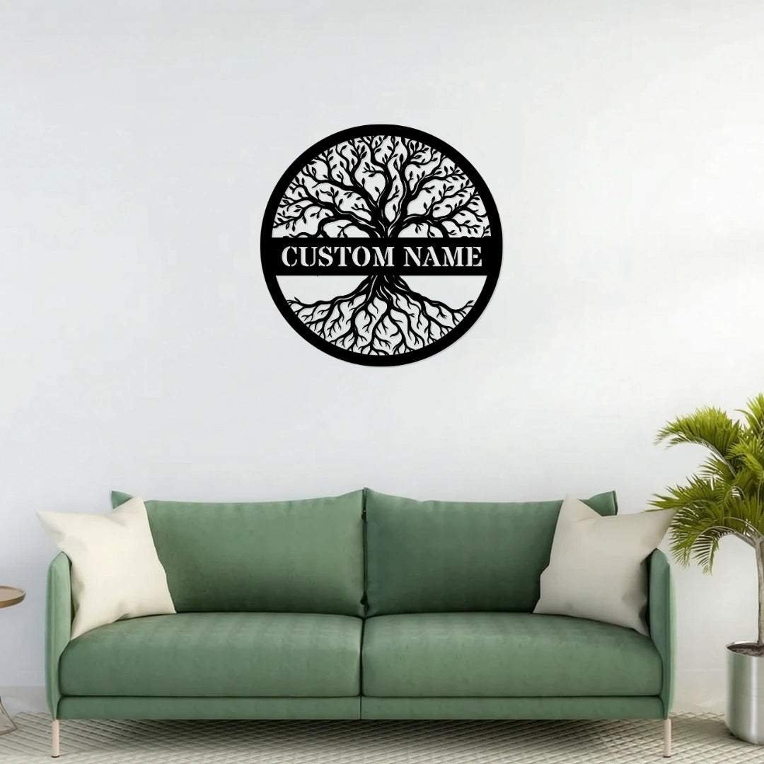 Custom Name Sign Tree Roots Metal Wall Art
