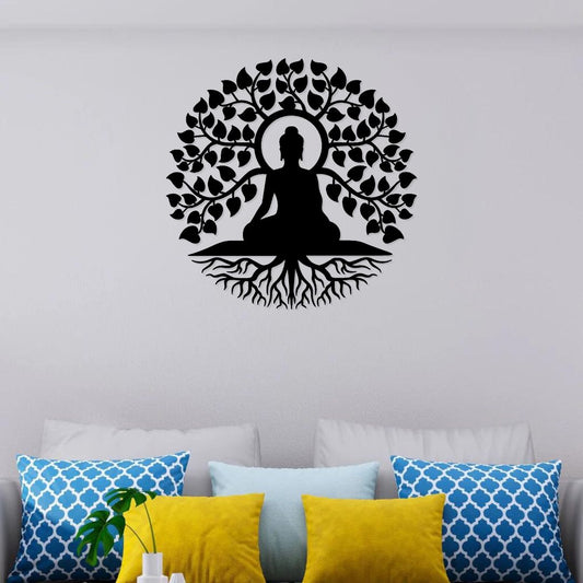 Artrooms Buddha on Tree Warrior Metal Wall Art - Wall Decoration | Wall Hanging (24x24 inch) | Black Matte Finish