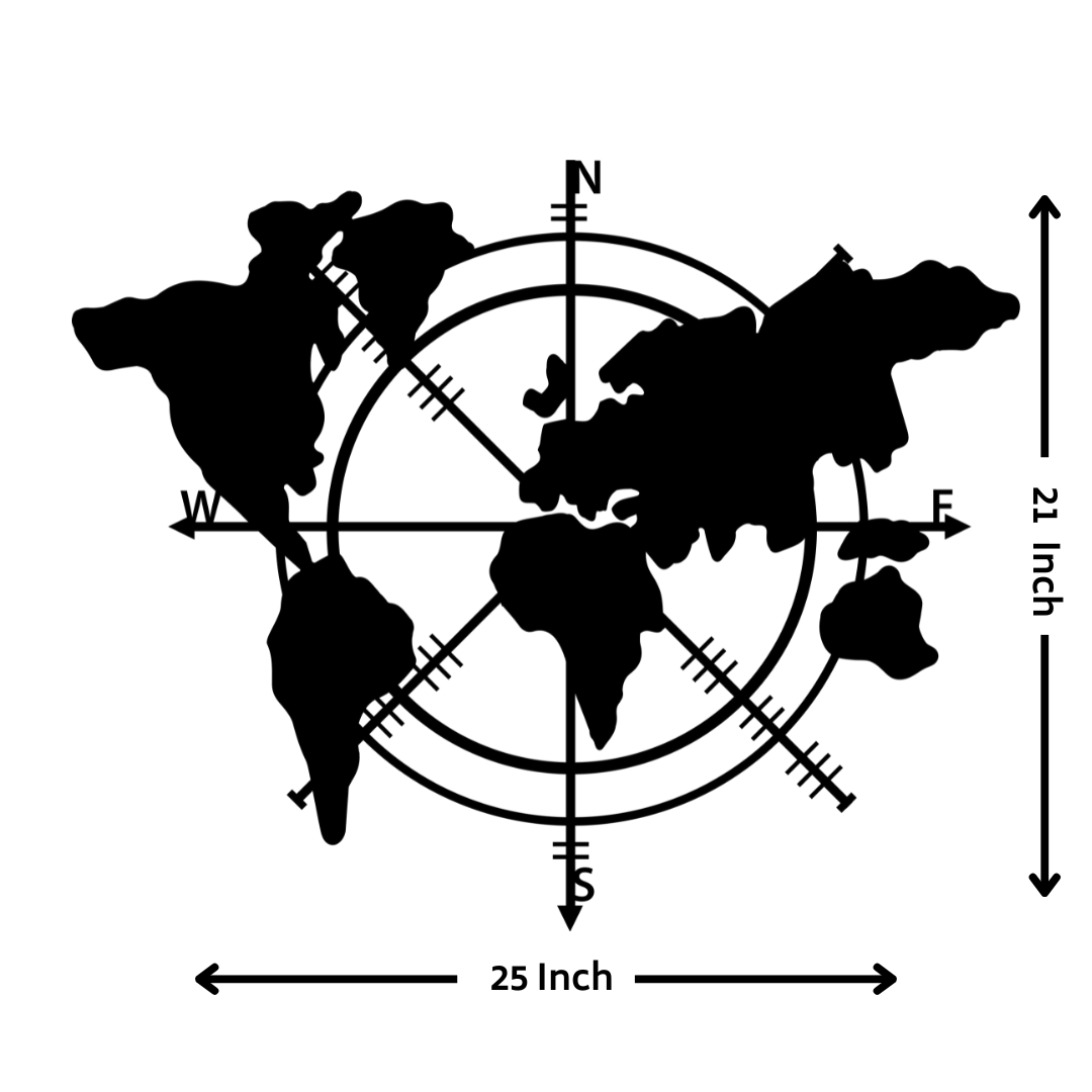 Artrooms World Map Metal Wall Art - Wall Decoration | Wall Hanging (25x21 inch) | Black Matte Finish