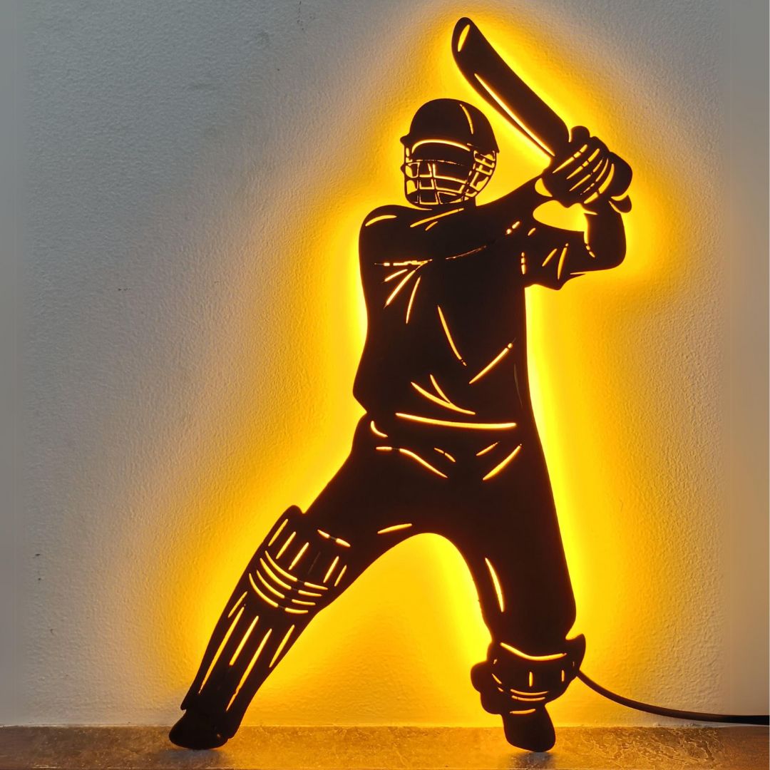 Artrooms Cricket Metal Wall Art With Light | Wall Decoration | Wall Hanging (15x24 inch) | Black Matte Finish