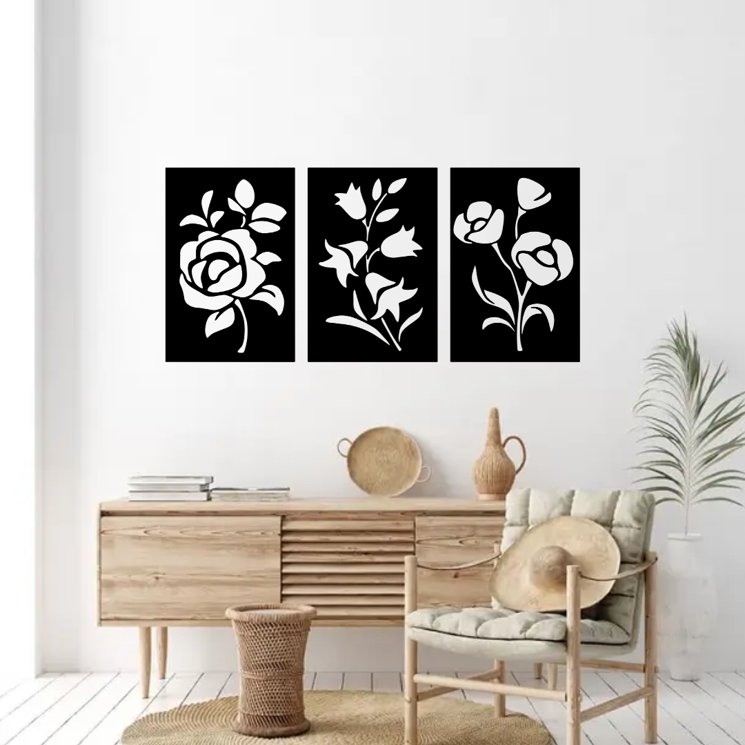 Artrooms Flower Metal Wall Art - Wall Decoration | Wall Hanging (30x15 inch) | Black Matte Finish