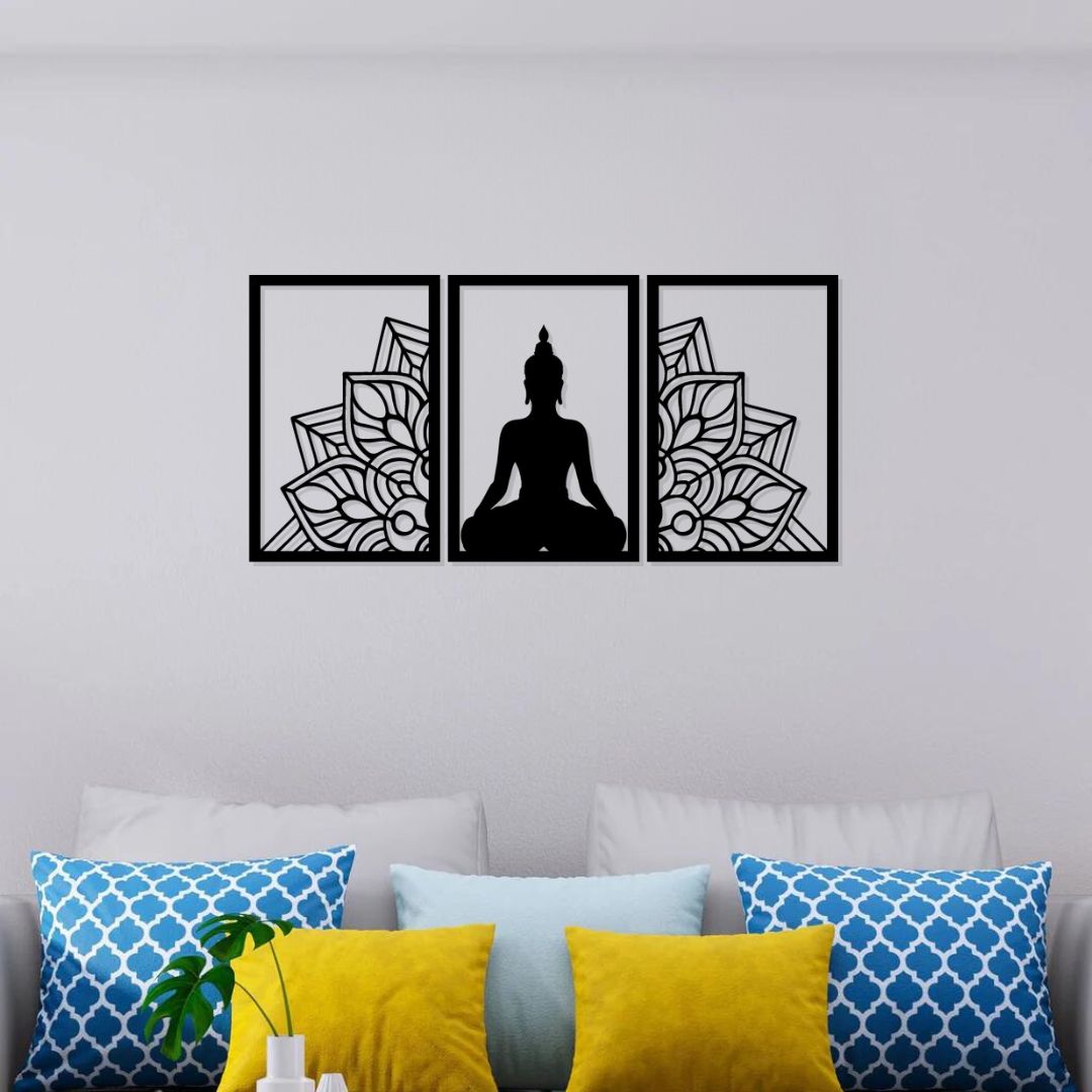 Artrooms Buddha Metal Wall Art - Wall Decoration | Wall Hanging (36x18 inch) | Black Matte Finish (Copy)