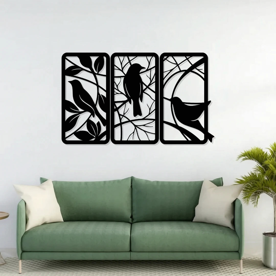 Birds on Branch 3 Panel Metal Wall Art