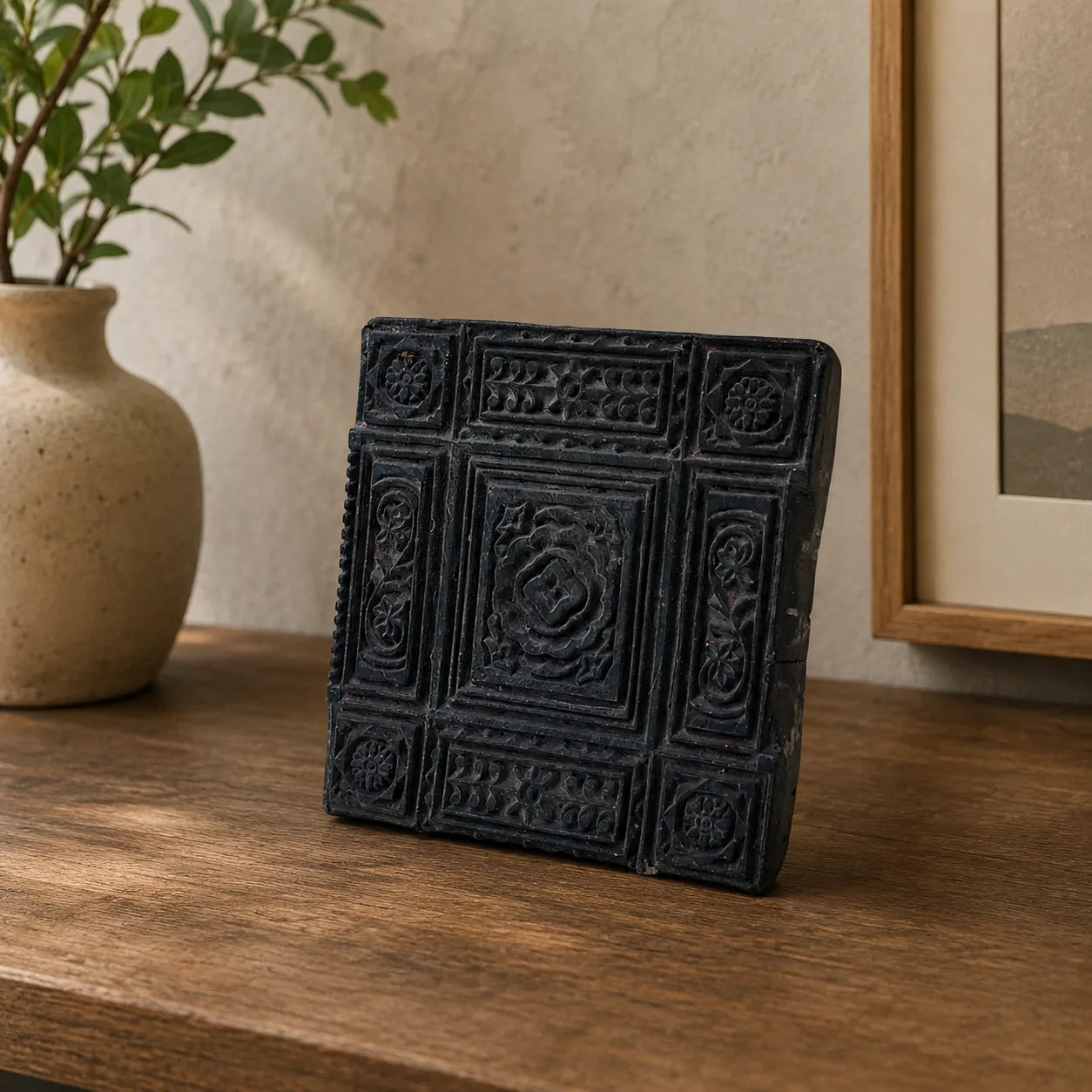 Vintage Hand-Carved Wooden Printing Block – Palace Medallion Panel
