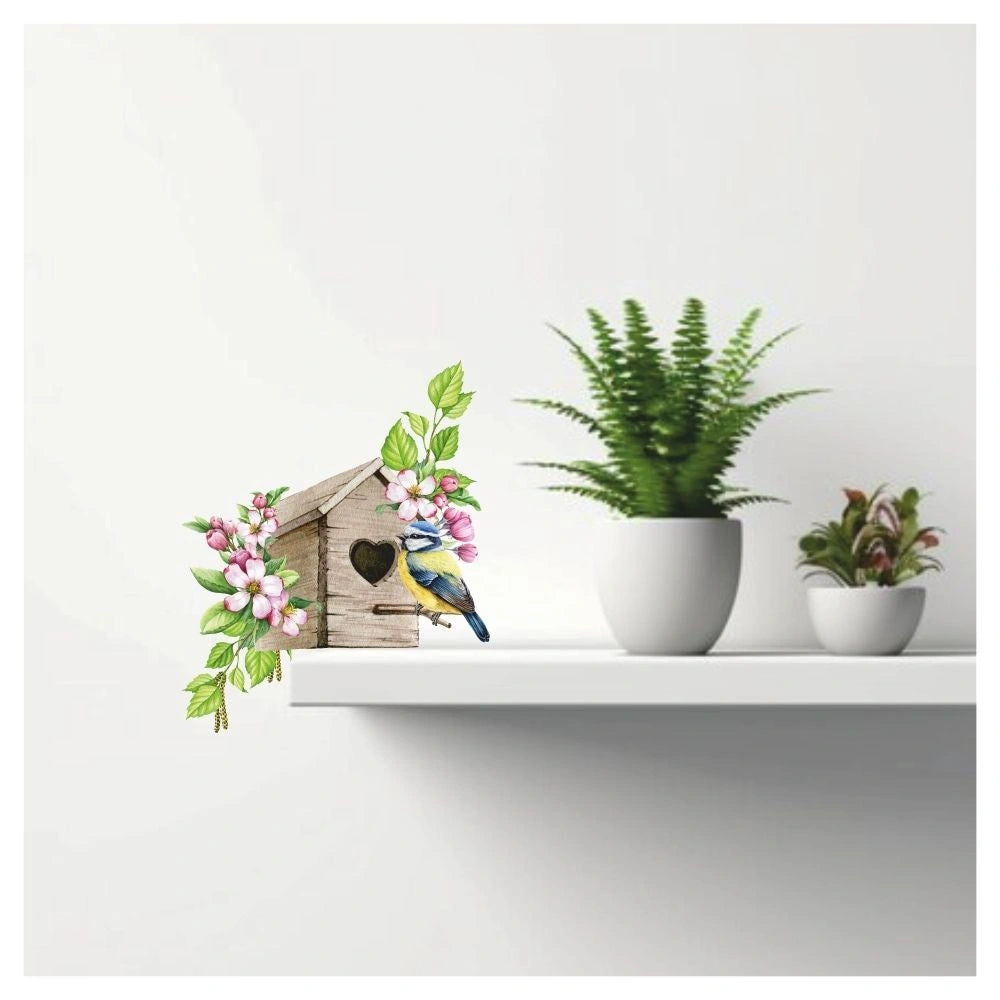 Bird Wall Sticker – Birdhouse Vinyl Wall Decal with Flowers for Bedroom & Living Room