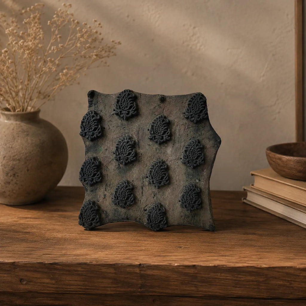 Vintage Hand-Carved Wooden Printing Block – Staggered Paisley Grid