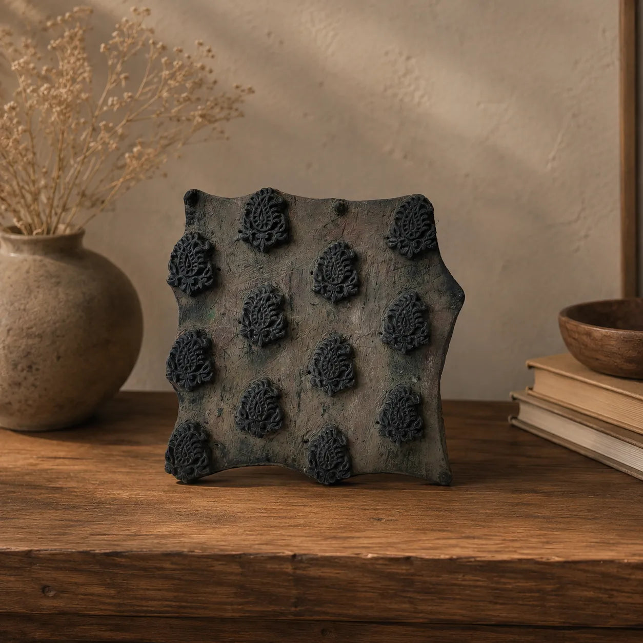 Vintage Hand-Carved Wooden Printing Block – Staggered Paisley Grid