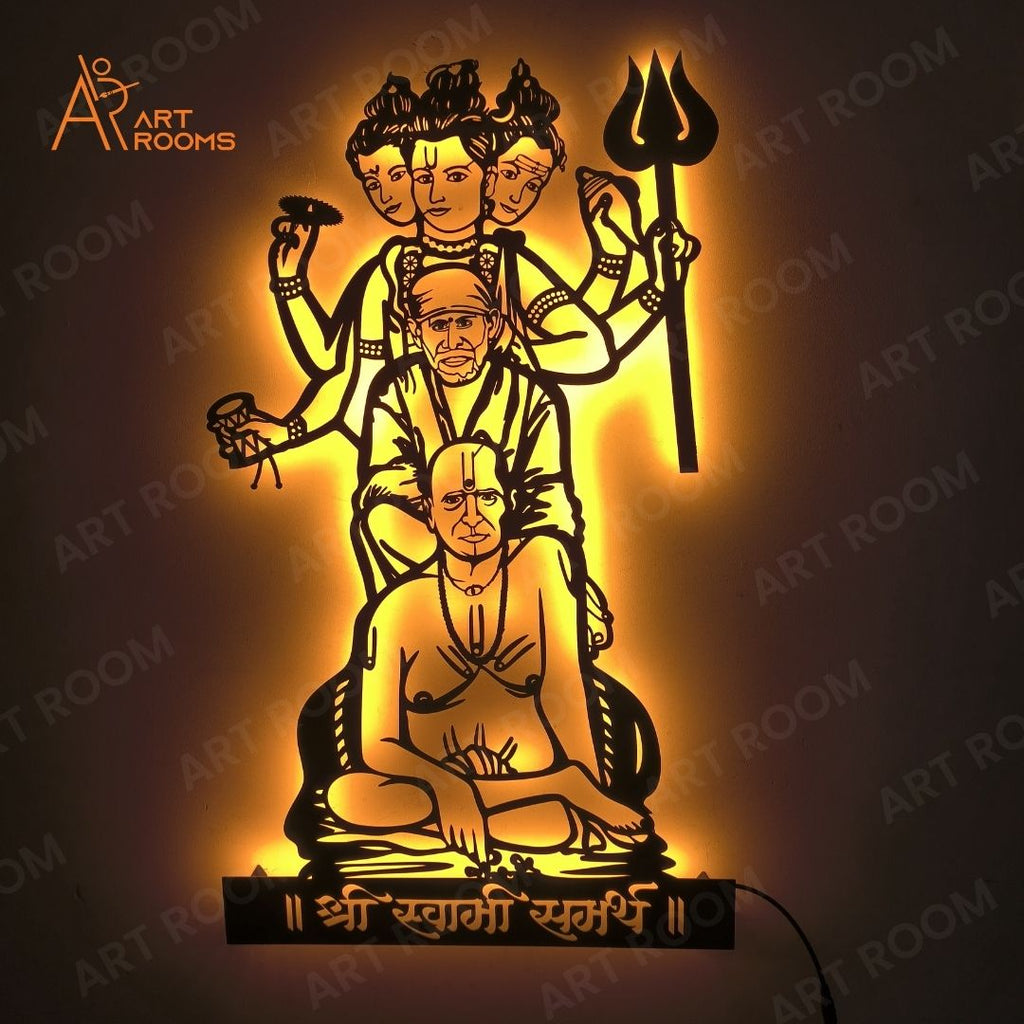 Swami, Datta And Sai Baba Metal Wall Art With Light – LED Backlit Spiritual Décor