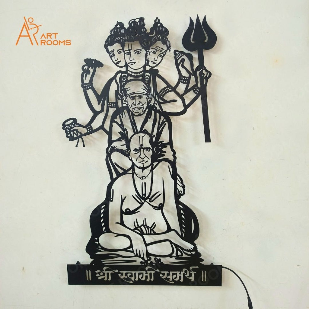 Swami, Datta And Sai Baba Metal Wall Art With Light– Matte Black Temple Wall Hanging
