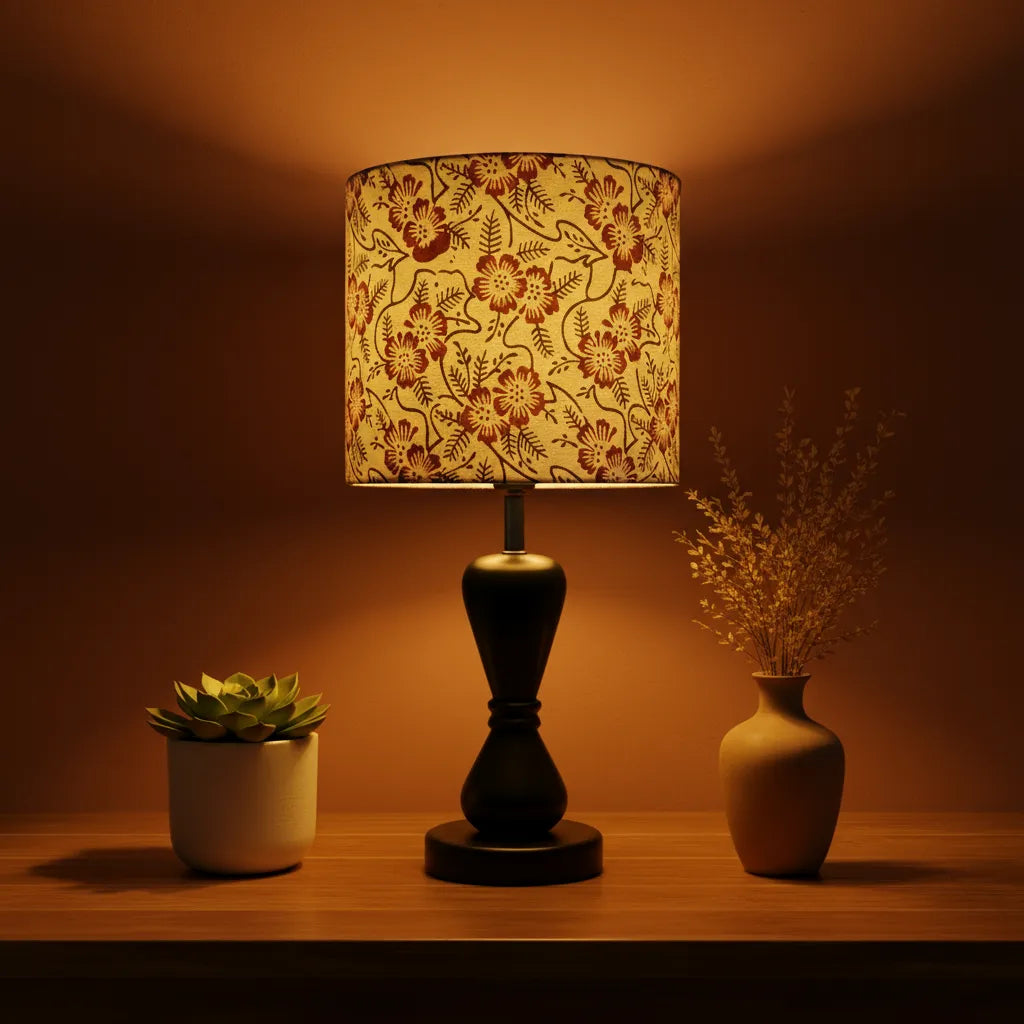 Fabric Lamp Shade – Floral Block Print Cotton Lampshade (Maroon & Green)