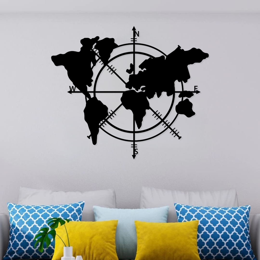Artrooms World Map Metal Wall Art - Wall Decoration | Wall Hanging (25x21 inch) | Black Matte Finish