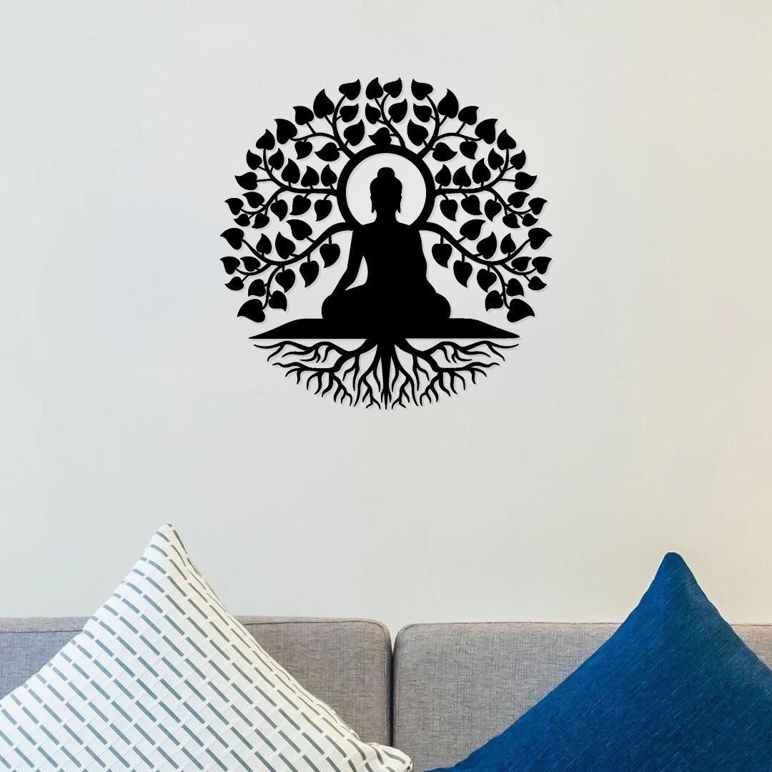 Artrooms Buddha on Tree Warrior Metal Wall Art - Wall Decoration | Wall Hanging (24x24 inch) | Black Matte Finish