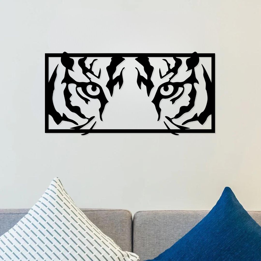 Artrooms Tiger Eyes Metal Wall Art – 24x12 inch | Wild Animal Face Wall Decor for Living Room, Bedroom, Office | Black Matte Finish