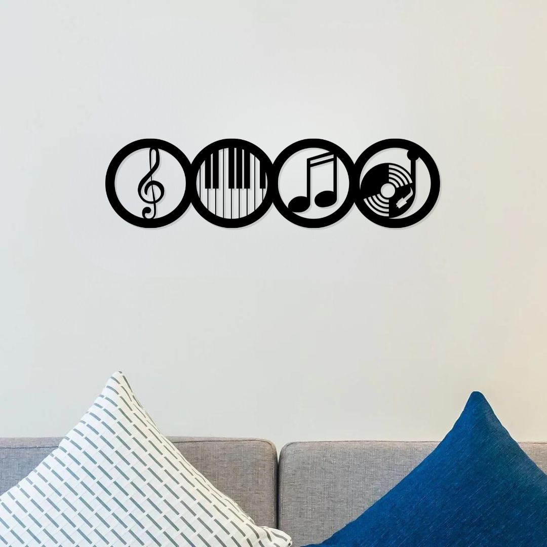 Artrooms Music Theme Metal Wall Art – 24x6 inch | Musical Notes & Instruments Wall Decor for Living Room, Studio, or Cafe