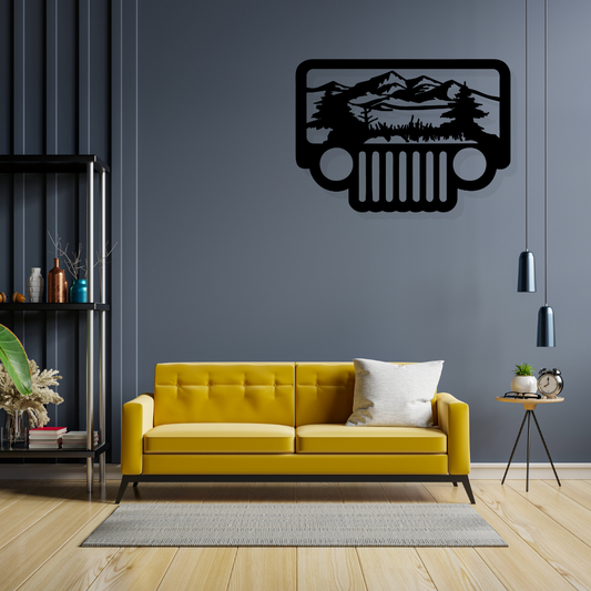 Artrooms Jeep Scene Metal Wall Art - Wall Decoration | Wall Hanging (25x18 inch) | Black Matte Finish