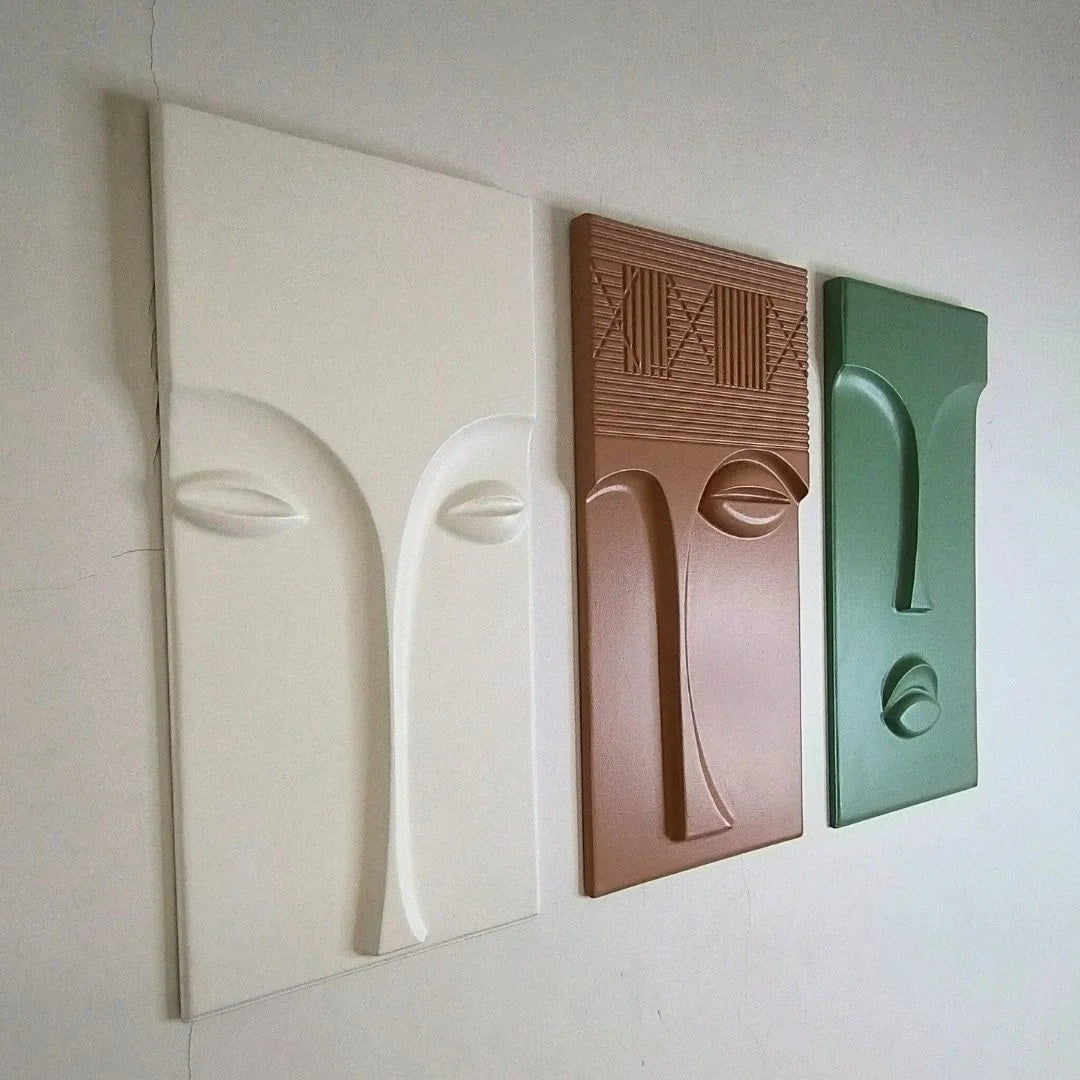 3d wall art abstract face wall decor set of 3 angled view showing depth
