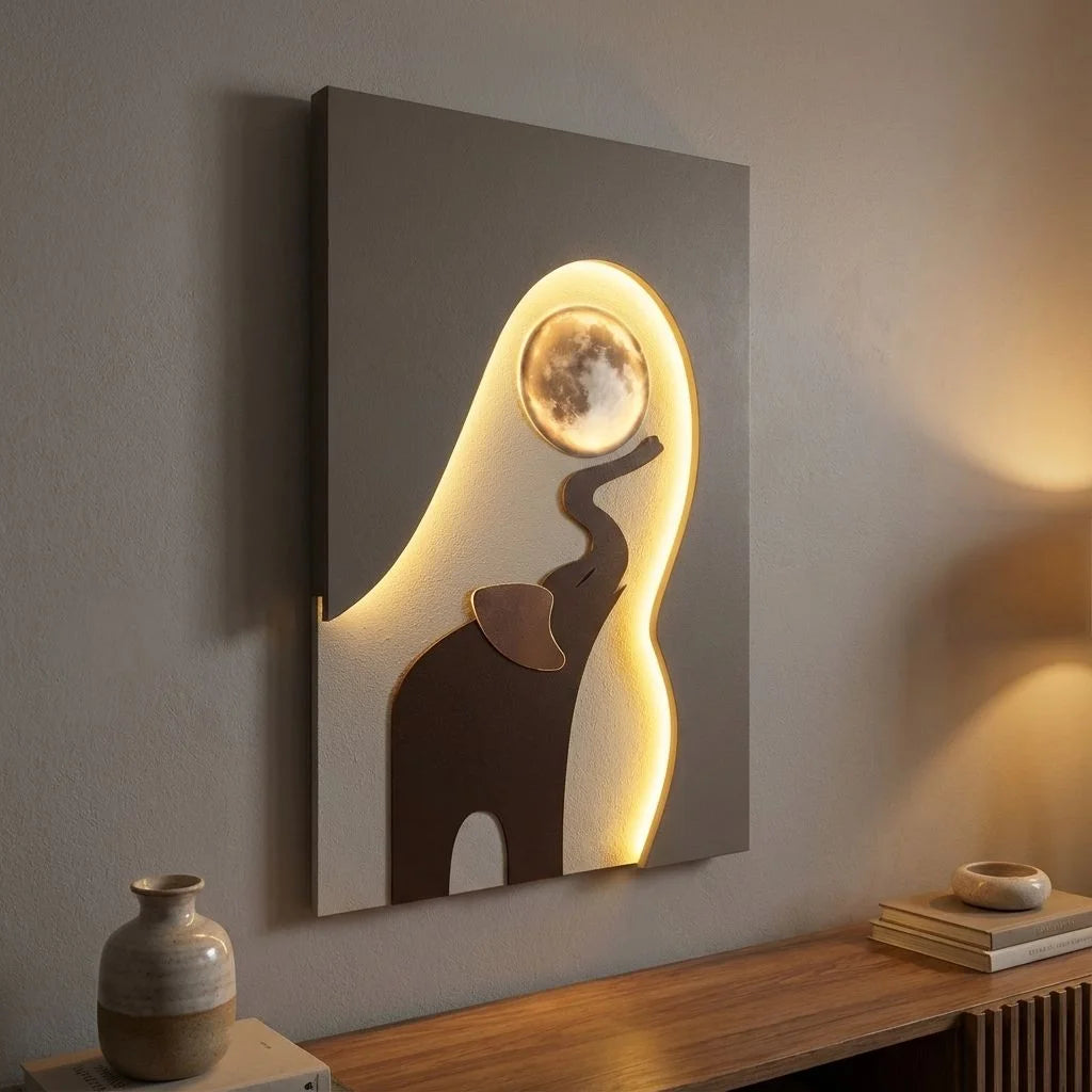 3d wall art MDF LED elephant moon wall decor angled view glowing backlight