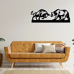 Artrooms Bull and Bear Metal Wall Art - Wall Decoration | Wall Hanging (25x9 inch) | Black Matte Finish