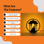 Lord Ganesh Table Lamp features infographic showing warm LED, durable material, 6-inch size, and gift use