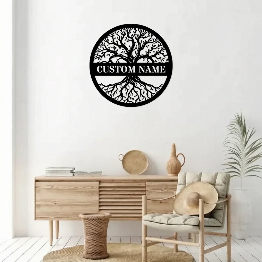 Custom Name Sign Tree Roots Metal Wall Art