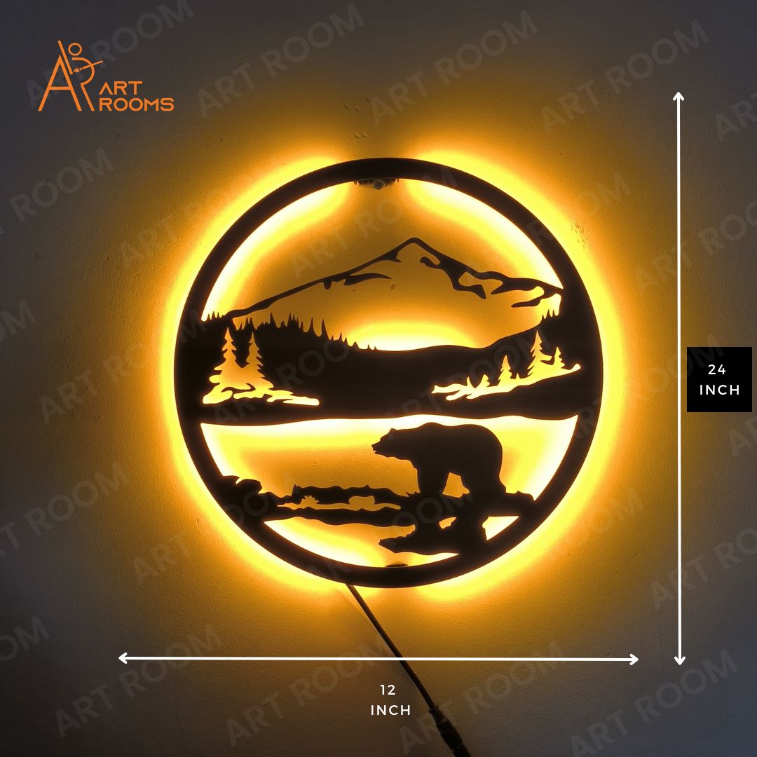 Mountain Bear Metal Wall Art With Light side 12 x 12 inch