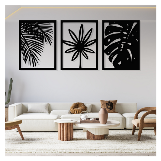 Artrooms Three Leaf Metal Wall Art - Wall Decoration | Wall Hanging (27x12 inch) | Black Matte Finish