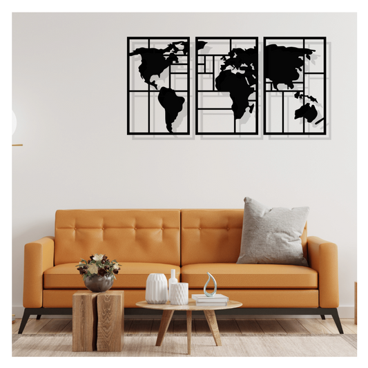 Artrooms World Map Metal Wall Art - Wall Decoration | Wall Hanging (48x25 inch) | Black Matte Finish