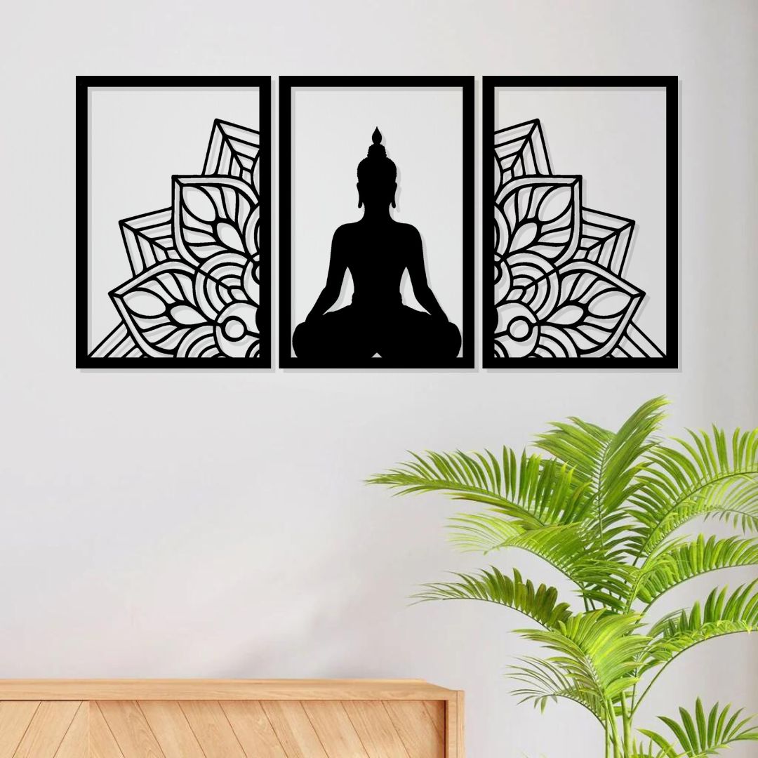 Buddha metal wall art triptych featuring a serene silhouette, floral background, ideal for meditation-themed decor.