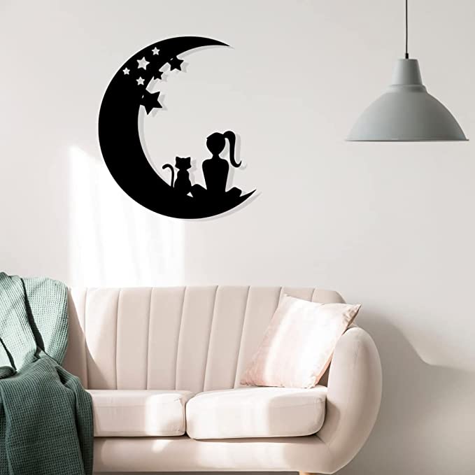 Artrooms Moon Girl Metal Wall Art - Wall Decoration | Wall Hanging (22x25 inch) | Black Matte Finish