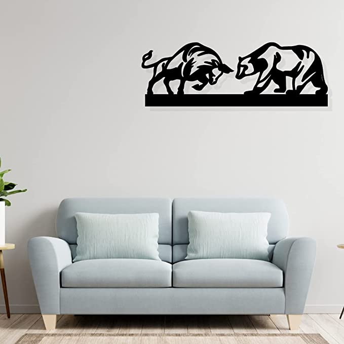 Artrooms Bull and Bear Metal Wall Art - Wall Decoration | Wall Hanging (25x9 inch) | Black Matte Finish