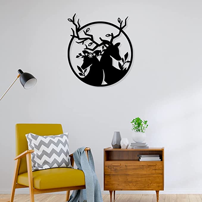 Artrooms Deers Love Metal Wall Art - Wall Decoration | Wall Hanging (22x25 inch) | Black Matte Finish