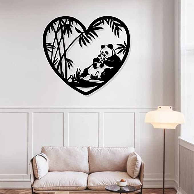 Artrooms Love Panda Metal Wall Art - Wall Decoration | Wall Hanging (25x22 inch) | Black Matte Finish