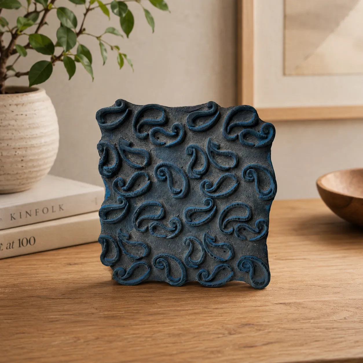 Vintage Hand-Carved Wooden Printing Block – Swirling Paisley Grid