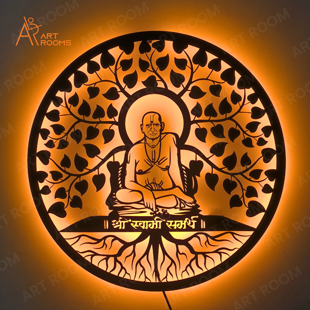 Swami Samarth Tree Metal Wall Art with ambient light, showcasing intricate design and matte black finish.