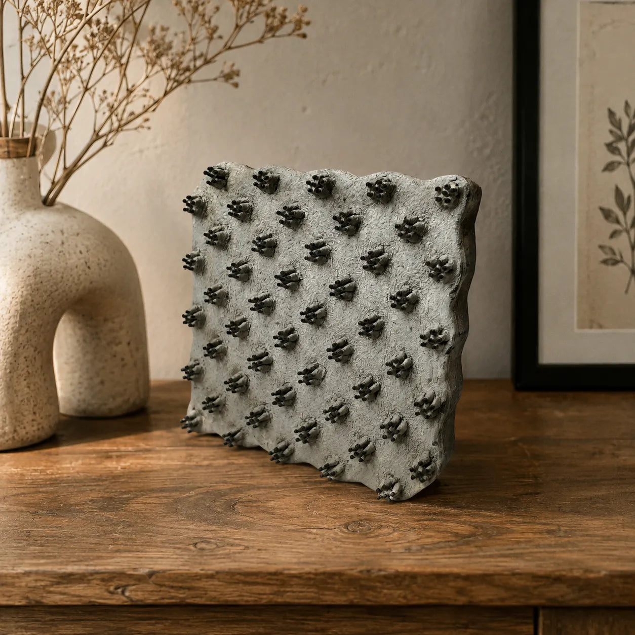 Vintage Hand-Carved Wooden Printing Block – Clustered Bud Texture