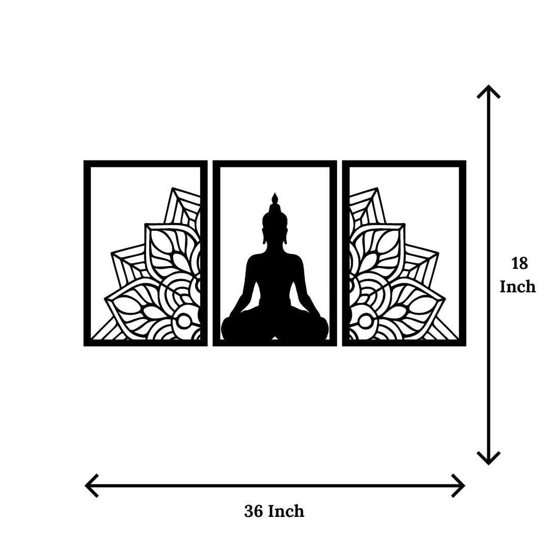 Buddha metal wall art featuring a meditative figure with floral patterns, size 36x18 inches in matte black.