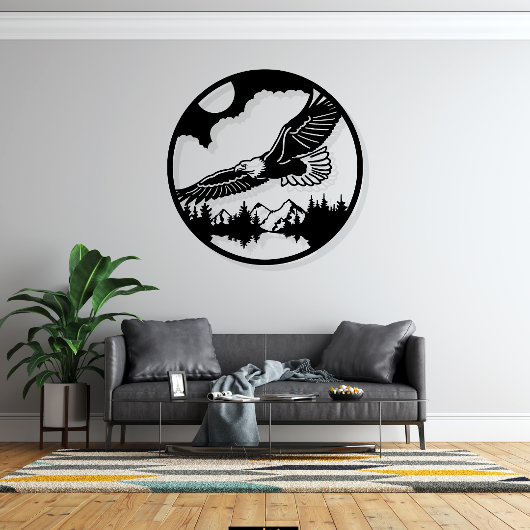 Artrooms Eagle Circle Metal Wall Art - Wall Decoration | Wall Hanging (25x25 inch) | Black Matte Finish