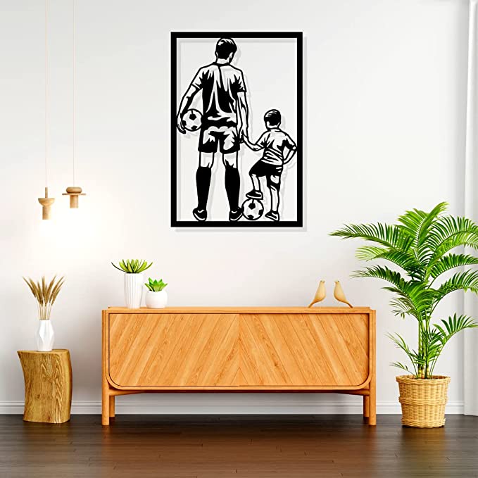 Artrooms Footballer Dad & Son Metal Wall Art - Wall Decoration | Wall Hanging (16x25 inch) | Black Matte Finish