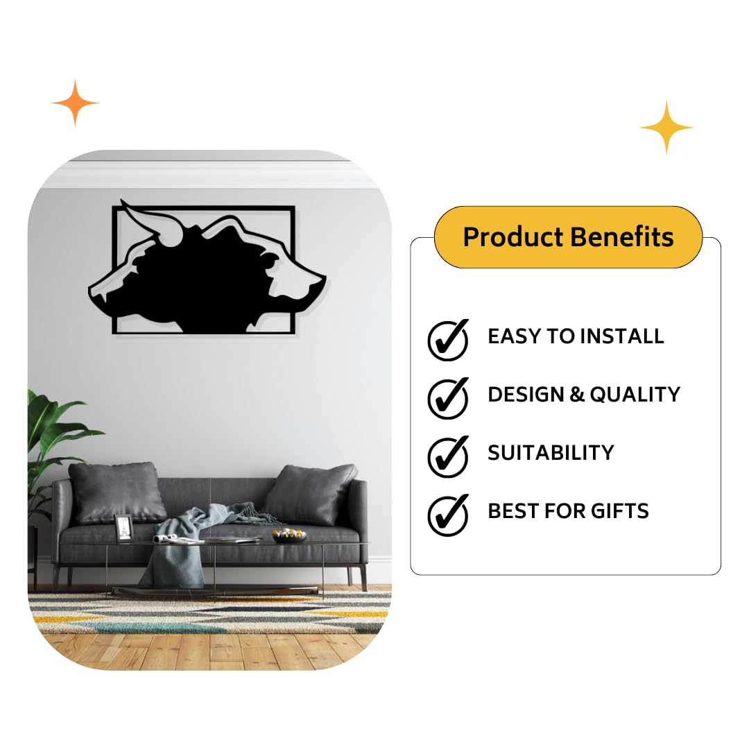 Artrooms Bull And Bear Metal Wall Art - Wall Decoration | Wall Hanging (25x14 inch) | Black Matte Finish
